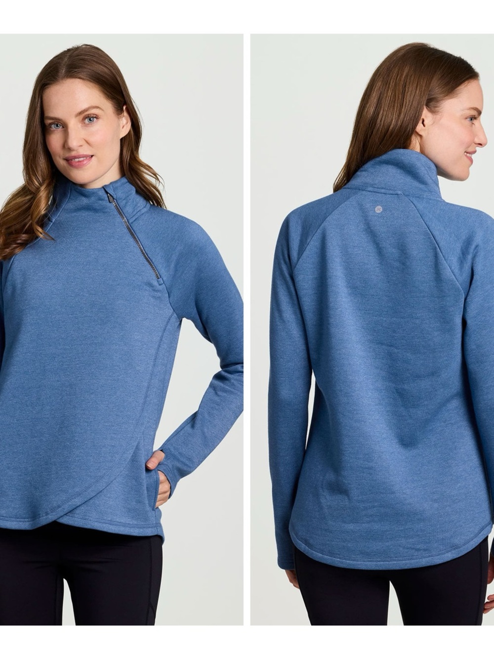 RBX Active Heathered Blue Cowl Neck Pullover Side Zip Minimalist Luxury Size M